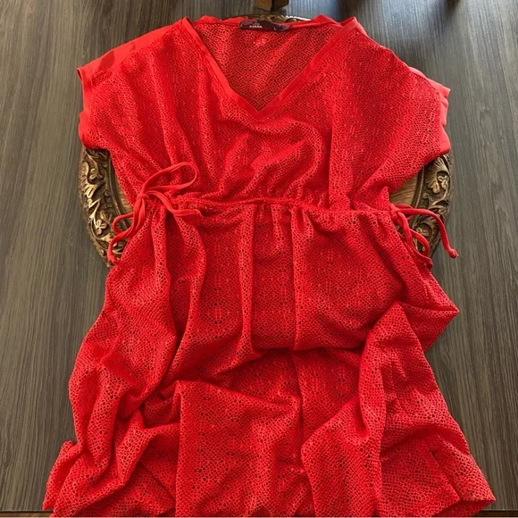 🍒 3/$35 PRANA Cherry Red Mesh ELLIOT Cinch-Tie Waist S/S Cover-Up-L - Picture 10 of 16